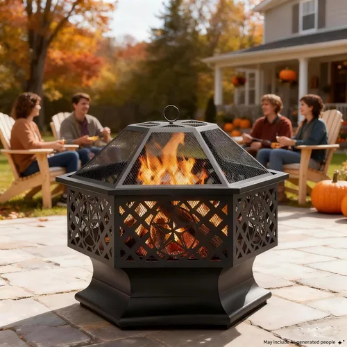 Vista 2 de Panovue - Chimenea hexagonal de 28 pulgadas para quemar madera, con pantalla anti-chispas y atizador, chimenea de metal con forma de hexágono