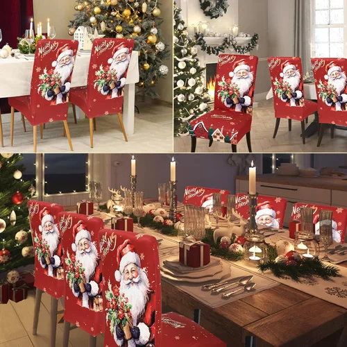 Vista 2 de Weldomcor Juego de 6 fundas elásticas para sillas de comedor de Navidad, fundas protectoras rojas para asiento de cocina, decoraciones de elastano