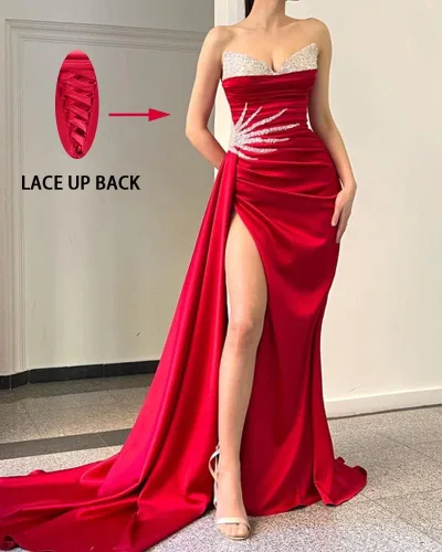 Vista 3 de Vestido de fiesta sin tirantes con lentejuelas para mujer, de satén, largo, formal, vestido de fiesta de noche, vestido de novia con abertura