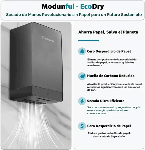 Vista 6 de modunful Secadores de manos compactos para baños domésticos: secador de manos Turbo Power con enchufe de 110V, flujo de aire dual, D5 Ease Pure