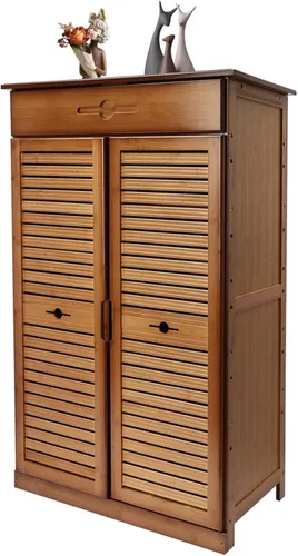 Vista 8 de Gdrasuya10 Gabinete de bambú para zapatos de 2 puertas, organizador de zapatos para entrada, armario de almacenamiento de zapatos de 5 niveles