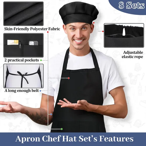 Vista 3 de SATINIOR Juego de 8 delantales de chef, sombrero de chef ajustable y delantal con bolsillos para adultos, mujeres y hombres cocineros