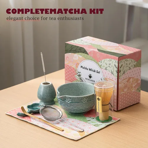 Vista 4 de Juego de té Matcha, kit japonés de 8 piezas con cuenco cerámico de diseño de flores de cerezo y olas, batidor de bambú, soporte para batidor