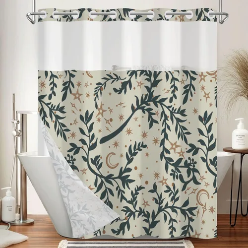 Vista 34 de No Hook Geometric Shower Curtain with Snap in Liner - 71″W x 74″L Waterproof Fabric with Mesh Top Window, Modern Abstract Triangle Design Bath