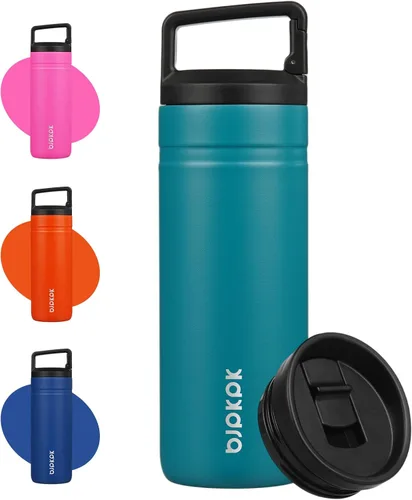 Vista 8 de BJPKPK - Botella de agua aislada con 2 tapas, vaso/taza de viaje de acero inoxidable de 20 onzas con aislamiento al vacío de doble pared, taza