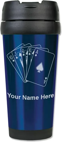 Vista 8 de LaserGram Taza de viaje de café de 16 onzas, tarjetas de póquer Royal Flush con grabado personalizado incluido (negro)