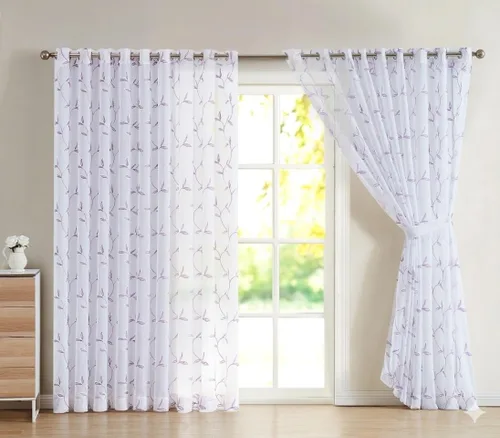 Vista 14 de Cortinas LinenZone de piso a techo para ventanas extra anchas. Cortinas transparentes blancas para divisores de habitación con bordado de hojas rosa