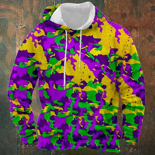 Vista 2 de Disfraz de Mardi Gras de moda retro para hombre, manga larga, capucha de color degradado, Top con cordón de gran