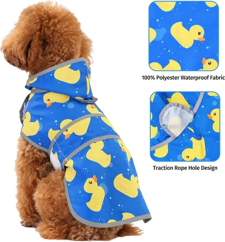 Vista 4 de Impermeable para perros pequeños y cachorros, chaqueta impermeable con capucha con tiras reflectantes, agujero para la correa y poncho de ajuste