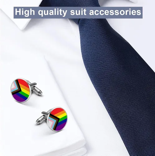 Vista 4 de Mancuernas redondas para hombre, diseño de bandera del orgullo del progreso, arco iris, gay, lesbiana, transgénero, bisexual, LGBTQ, 2