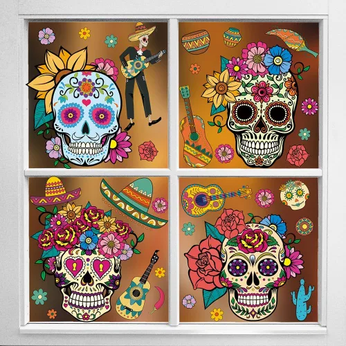 Vista 4 de Calcomanías para ventana del Día de los Muertos, Calaveras de Azúcar para ventana, calcomanías de Halloween para ventana, calcomanías de vidrio