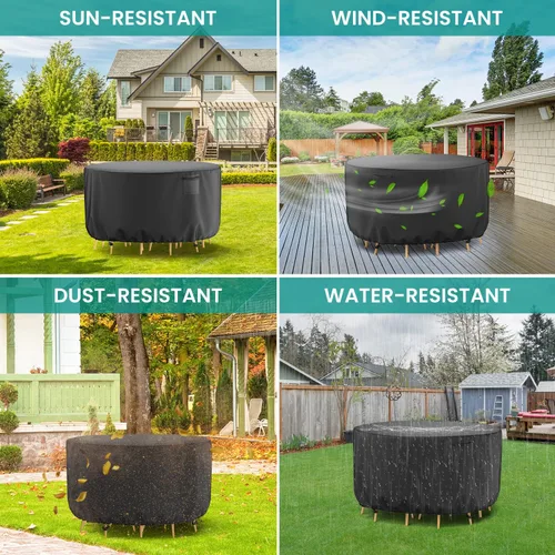 Vista 6 de Funda Redonda para Muebles de Patio, Fundas Impermeables para Mesas de Exterior, Funda para Muebles de Patio Resistente al Viento de Servicio Pesado