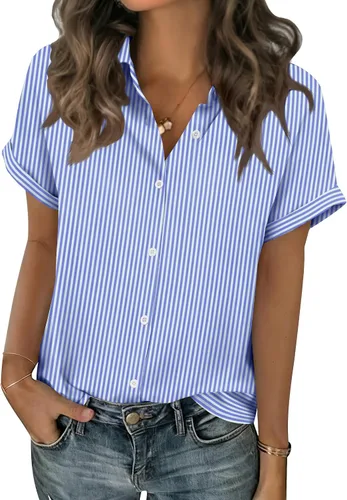 Vista 19 de Zeagoo Blusas de verano de manga corta para mujer, camisas casuales con botones, blusas de trabajo de negocios sólidas/a rayas