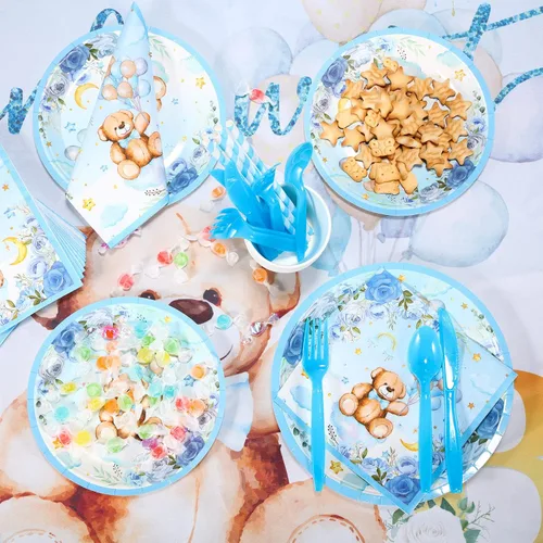 Vista 5 de 200 piezas de decoración de oso para baby shower para 25 invitados, platos de papel para baby shower, servilletas para niños, juegos de oso azul