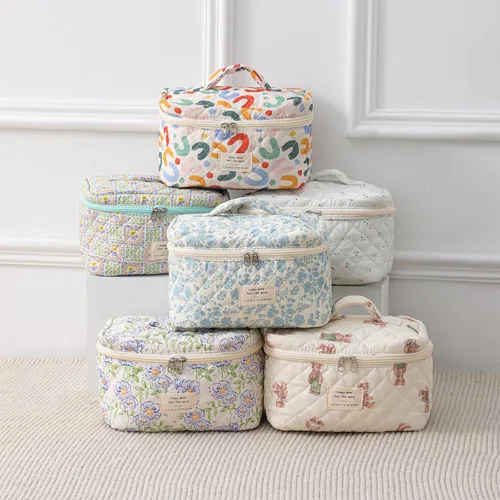 Vista 4 de uekeboag - Bolsa de maquillaje grande de viaje acolchada para mujer, neceser de algodón con estampado floral, neceser con estampado floral