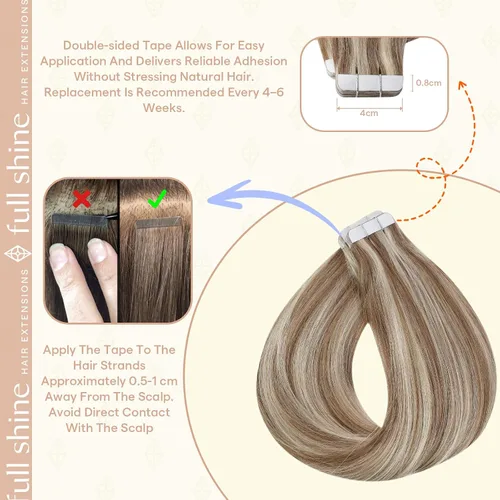 Vista 50 de Full Shine - Extensiones de cabello humano con cinta, mezcla de rubio hongo # 8 castaño ceniza resaltado 60 rubio ceniza