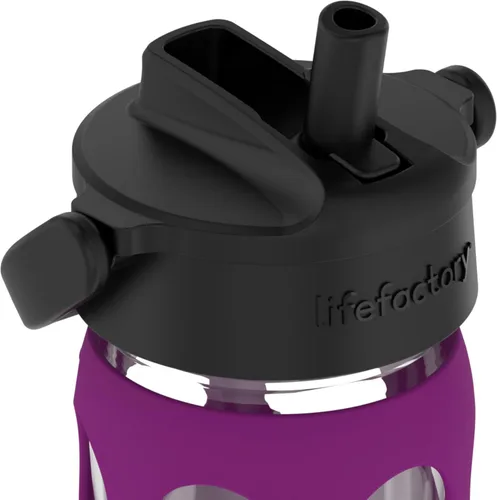 Vista 3 de Lifefactory - Botella de agua de vidrio de 16 onzas con tapa de pajita, color ciruela Funda protectora de silicona, tapa de pajita, asa