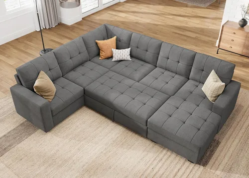 Vista 11 de HONBAY Sofá Seccional Cama Extraíble, Sofá Seccional en Forma de U con Chaise de Almacenamiento, Sofá Cama para Sala de Estar, Beige