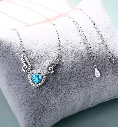Vista 3 de Fine Jewelry - Collar con colgante de plata de ley 925, piedra preciosa natural, topacio azul suizo, amatista, peridoto, amor, corazón, alas de ángel