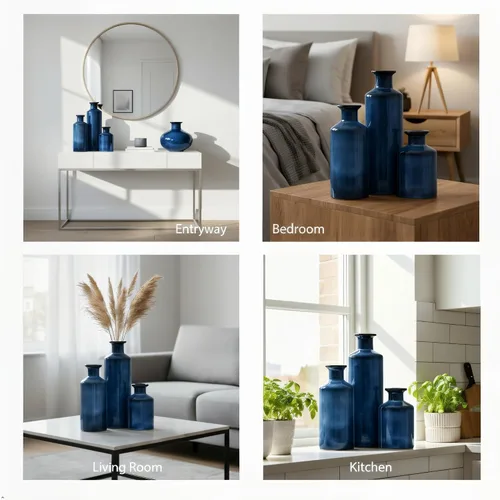 Vista 4 de Mowtanco Juego de 3 jarrones pequeños de cerámica azul, casa de campo moderna para botellas de decoración del hogar, jarrones decorativos rústicos