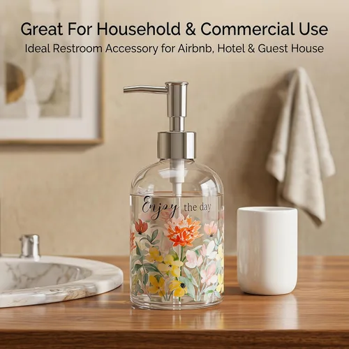 Vista 6 de Topadorn Dispensador de jabón de vidrio de 17 onzas con bomba, impresión floral de acuarela Enjoy the Day, botella líquida recargable para cocina