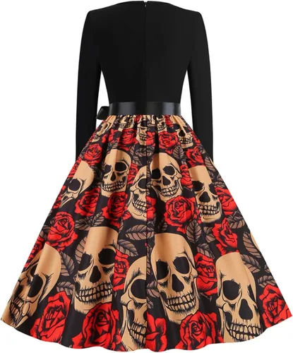 Vista 4 de Vestido de Halloween para mujer 2022 con cuello en V y cremallera de manga larga con panel