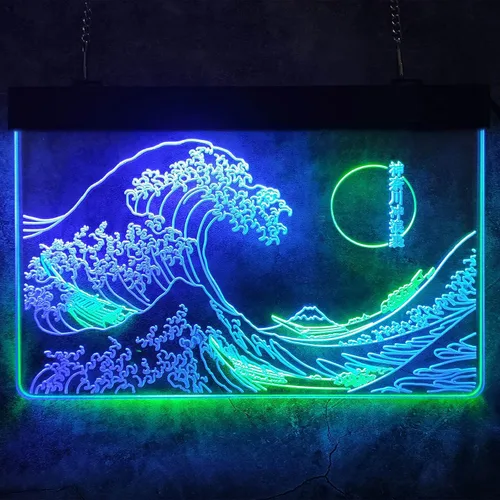 Vista 2 de Letrero de neón LED The Great Wave Off Kanagawa, letrero japonés de Katsushika Hokusai clásico, arte de pared para habitación, letreros de luz