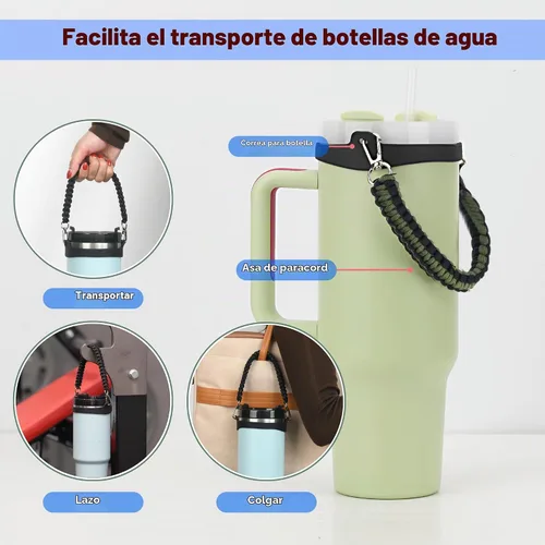 Vista 3 de Wongeto Correa con Asa para Botella de Agua - Compatible con Botella de Agua Stanley - Asa de Paracord para Accesorios de Vaso Stanley Verde militar