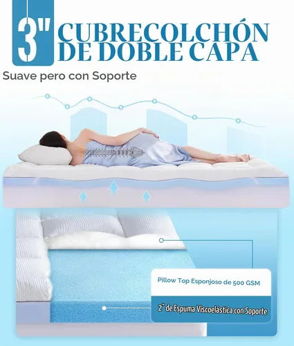 Vista 3 de BDEUS Cubrecolchón impermeable de doble capa de espuma viscoelástica de 3 pulgadas, tamaño individual, espuma viscoelástica de gel de 2 pulgadas más