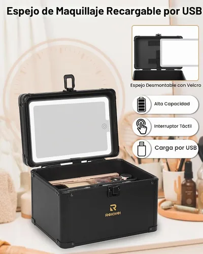Vista 6 de Relavel Estuche de maquillaje con espejo LED, 01-Negro, Bolsa de maquillaje de viaje con espejo LED para niñas Compact Cosmetic Makeup Organizer