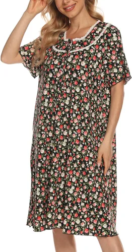 Vista 2 de COSUNIONY Camisones para mujer, de algodón suave, manga corta, para dormir, casual, con bolsillos