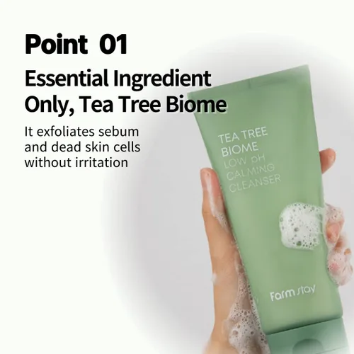 Vista 2 de FARMSTAY Tea Tree Biome Limpiador calmante de pH bajo – Limpiador facial diario para pieles sensibles, cuidado de la piel coreana, hidratante