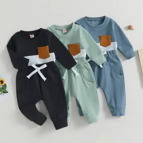 Vista 2 de MAINESAKA 2 piezas de sudadera para bebé niño, ropa de bloque de color, manga larga, sudadera con pantalones deportivos para otoño