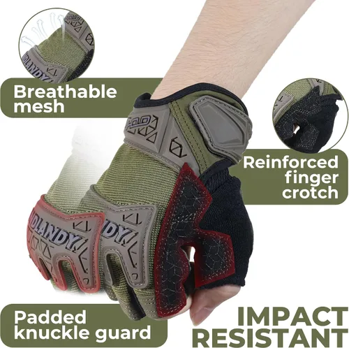 Vista 3 de HANDLANDY Guantes tácticos de impacto sin dedos para hombre, guantes de trabajo con agarre acolchado de medio dedo, guantes de conductor de Verde