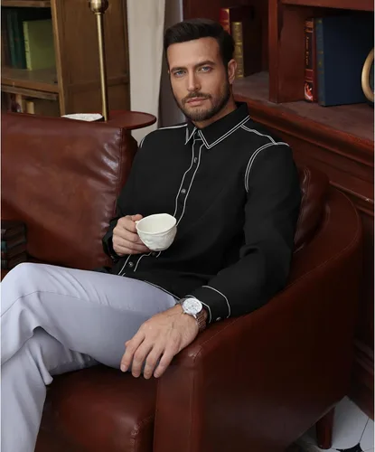 Vista 4 de Camisas de manga larga con botones para hombre, camisas de vestir sin arrugas, camisas de vestir regulares Oxford casuales de negocios a rayas