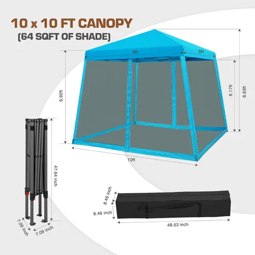 Vista 3 de EAGLE PEAK Tienda de campaña desplegable de 10 x 10 pies inclinados de fácil instalación con mosquitera, 64 pies cuadrados de sombra, azul claro