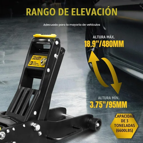 Vista 4 de YELLOW JACKET - Gato de piso de aluminio completo de 3 toneladas, ultra ligero, de bajo perfil, hidráulico, para auto de carreras con bombas duales