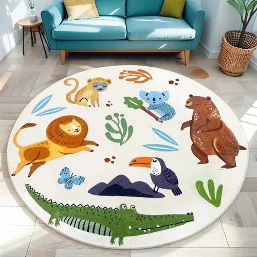 Vista 9 de Alfombra de juego para niños, alfombra circular de animales de 4 pies, alfombra redonda de zoológico para dormitorio, para niños y niñas, decoración