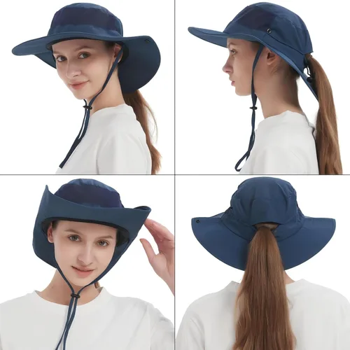 Vista 7 de Cooling Sun Bucket Hat, UPF 50+ Wide Brim Boonie Hat with Ponytail Hole 01 Azul marino