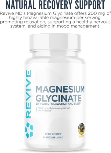Vista 3 de Revive MD Glicinato de magnesio puro 200mg – Suplemento de alta absorción para relajación, alivio del estrés, sueño y apoyo de la memoria – Promueve