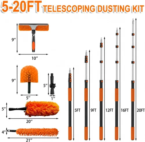 Vista 9 de Buyplus - Kit de limpieza de plumero con plumero de 1,5 a 25.6 ft de extensión de plumas, plumero de ventilador de techo de microfibra, escobilla