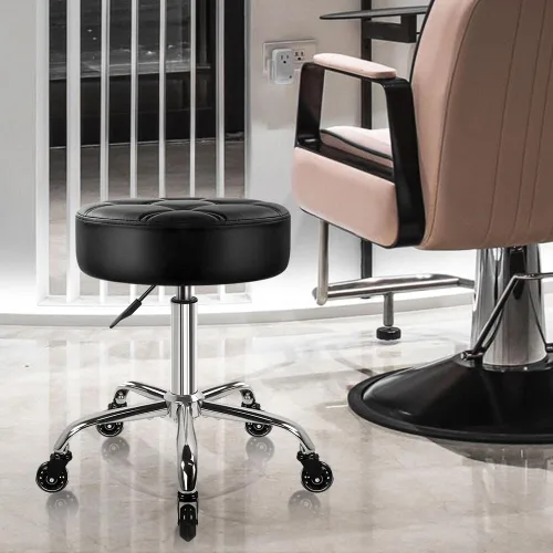 Vista 2 de WKWKER Taburete rodante resistente con ruedas, taburete giratorio hidráulico ajustable, silla redonda ergonómica de cuero grueso para cocina Negro
