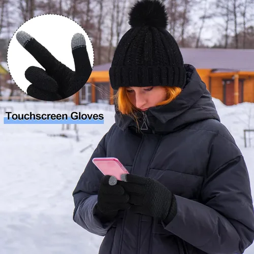 Vista 5 de 5 Pieces Women Winter Ski Outing Set, Knit Hat Scarf Gloves Earmuffs Stockings