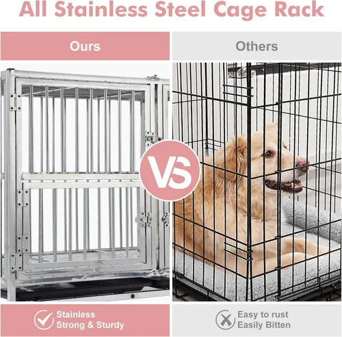 Vista 6 de Jaula para perros resistente de 42 pulgadas con ruedas, jaula de acero inoxidable indestructible de alta ansiedad, diseño de cerraduras resistentes