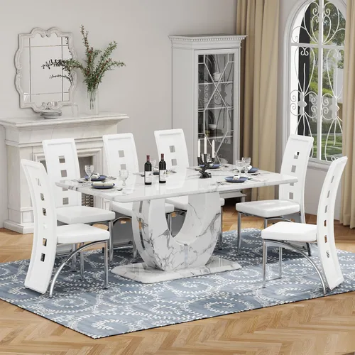 Vista 29 de Moderno juego de mesa de comedor de mármol sintético para 4, mesa de cocina rectangular blanca de 63 pulgadas con elegante base de pedestal