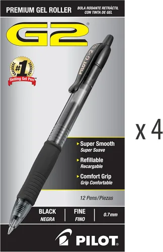 Vista 2 de Pilot - Bolígrafos en gel G2, con punta rodante, recargables y retráctiles de alta calidad, punta fina, tinta negra, paquete de 4 unidades de 12
