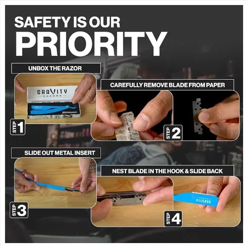 Vista 6 de Kit de afeitado manual GRAVITY RAZORS Profesional – Exposición Ultra, Incluye 10 Hojas Premium, 2mm Expuestas, Negro Mate