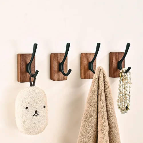Vista 10 de Perchero de pared pequeño de madera de nogal de 17.3 pulgadas con 4 ganchos, colgador de chaquetas de madera resistente montado en puerta