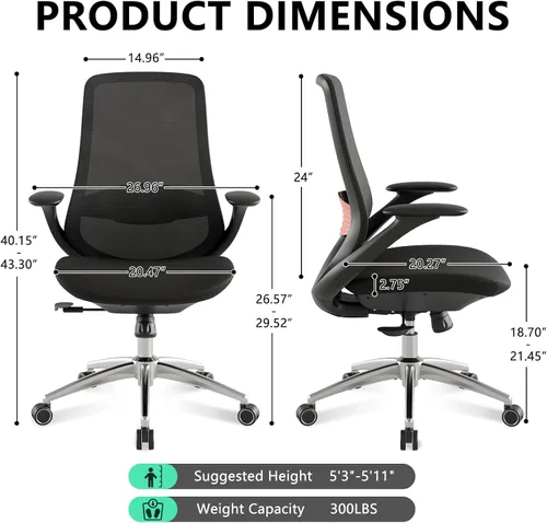 Vista 3 de BV Silla de oficina ergonómica, silla de escritorio ejecutiva con respaldo alto con reposabrazos 2D, soporte lumbar ajustable, silla de computadora