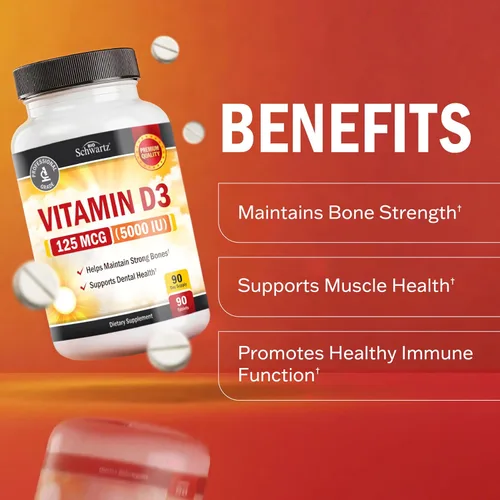 Vista 4 de BioSchwartz Vitamin D3 5000 IU (125 mcg) Chewable Tablets - Immune Support, Bone Strength, Healthy Muscle Function - Gluten-Free and Non-GMO